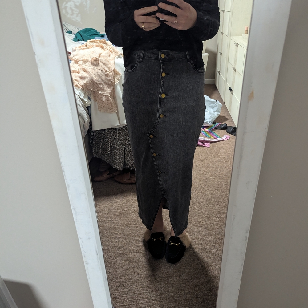 Black Denim Maxi Skirt with Gold Buttons